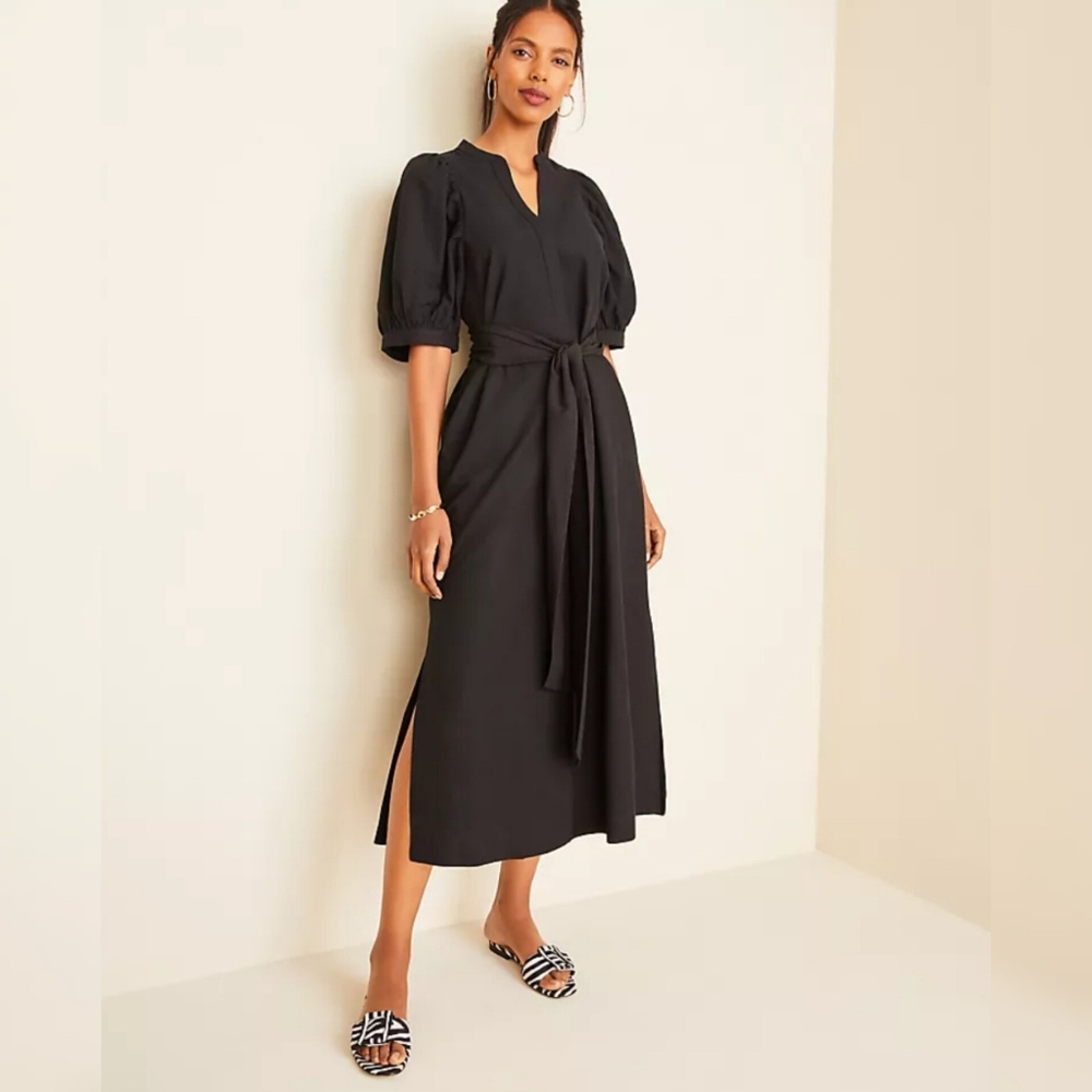 Ann Taylor Petite Puff Sleeve Midi Shirt Dress Black Linen Belted V-Neck MP